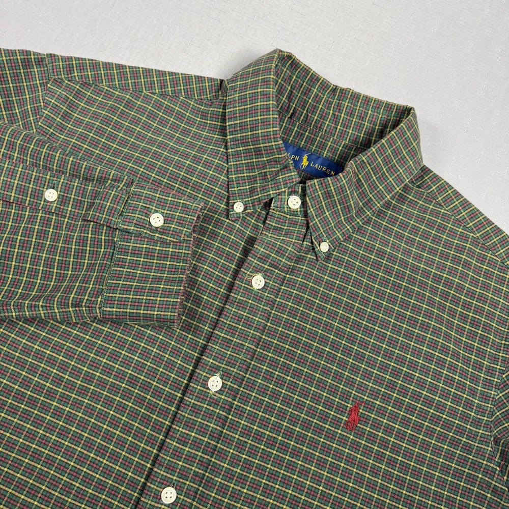 Ralph Lauren Mens Large Plaid Button Down Shirt Green Red Long Sleeve Cotton
